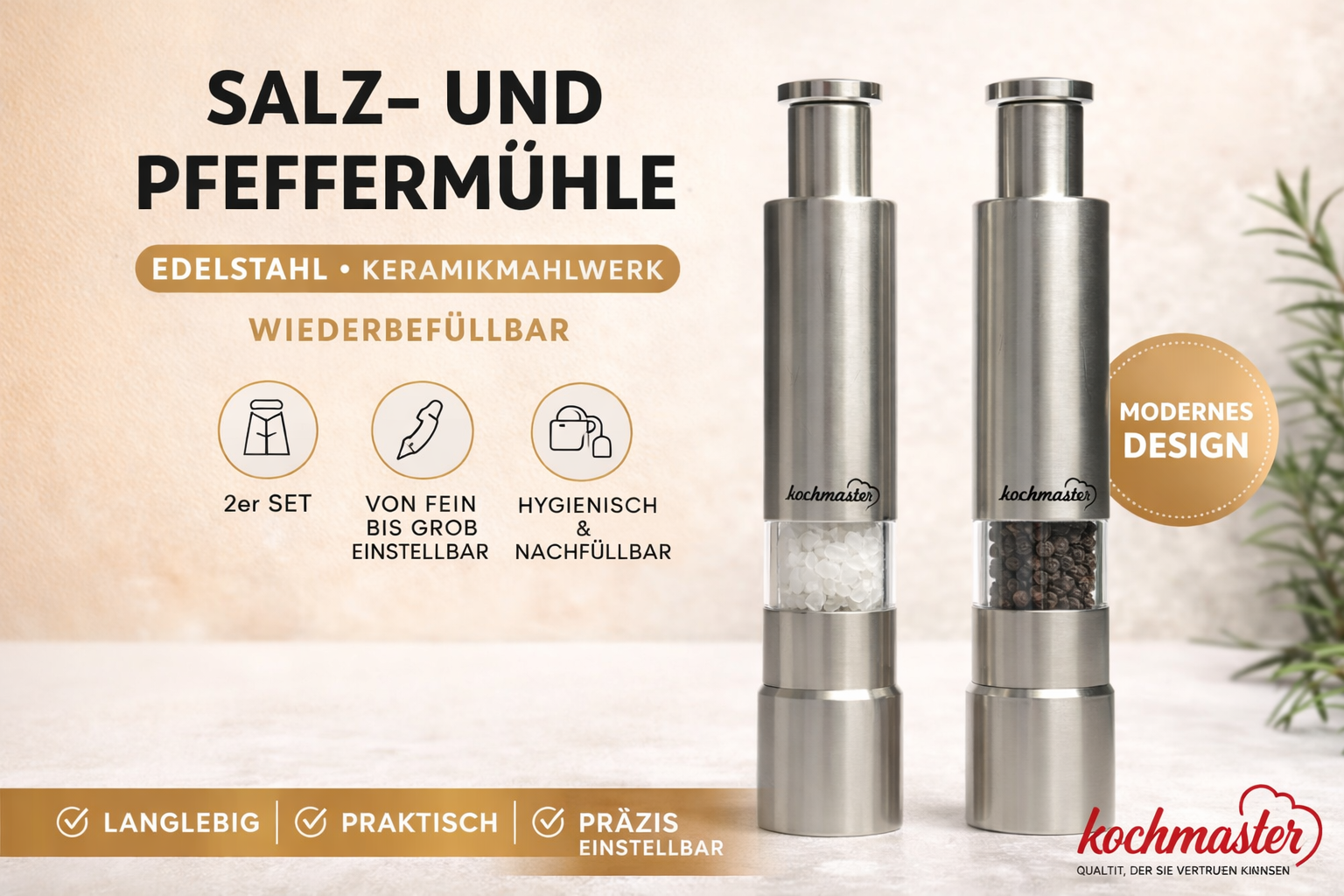 Kochmaster Salz- und Pfeffermühle Set 2er – Edelstahl