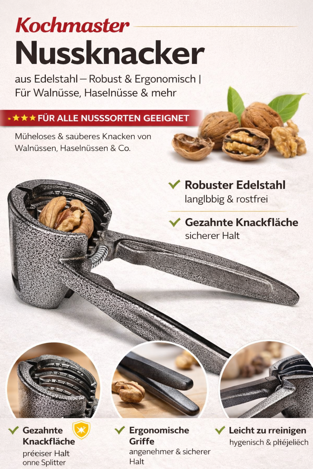 Kochmaster Nussknacker aus Edelstahl – Robust & Ergonomisch