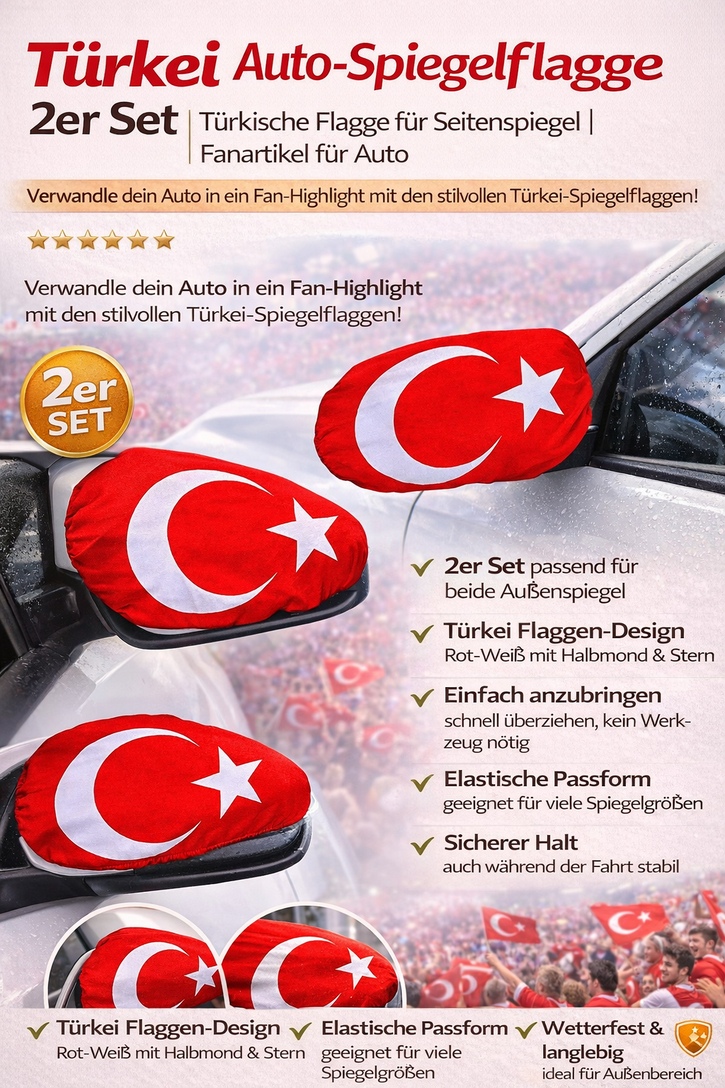 Türkei Auto-Spiegelflagge 2er Set – Türkische Flagge für Seitenspiegel | Fanartikel für Auto