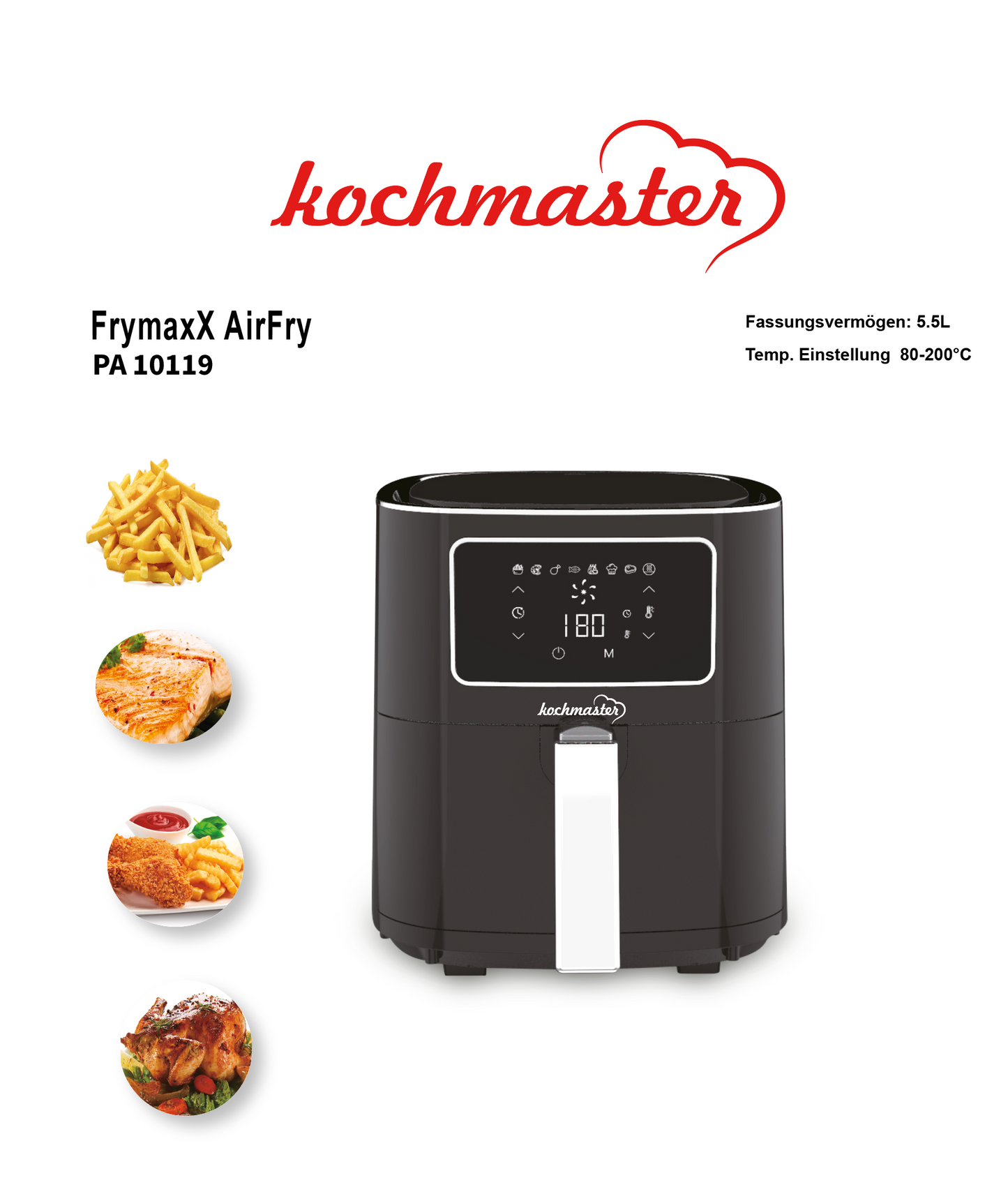 KOCHMASTER FrymaxX AirFryer 5,5L Heißluftfritteuse mit Digitalem Touchscreen - Schwarz/Silber