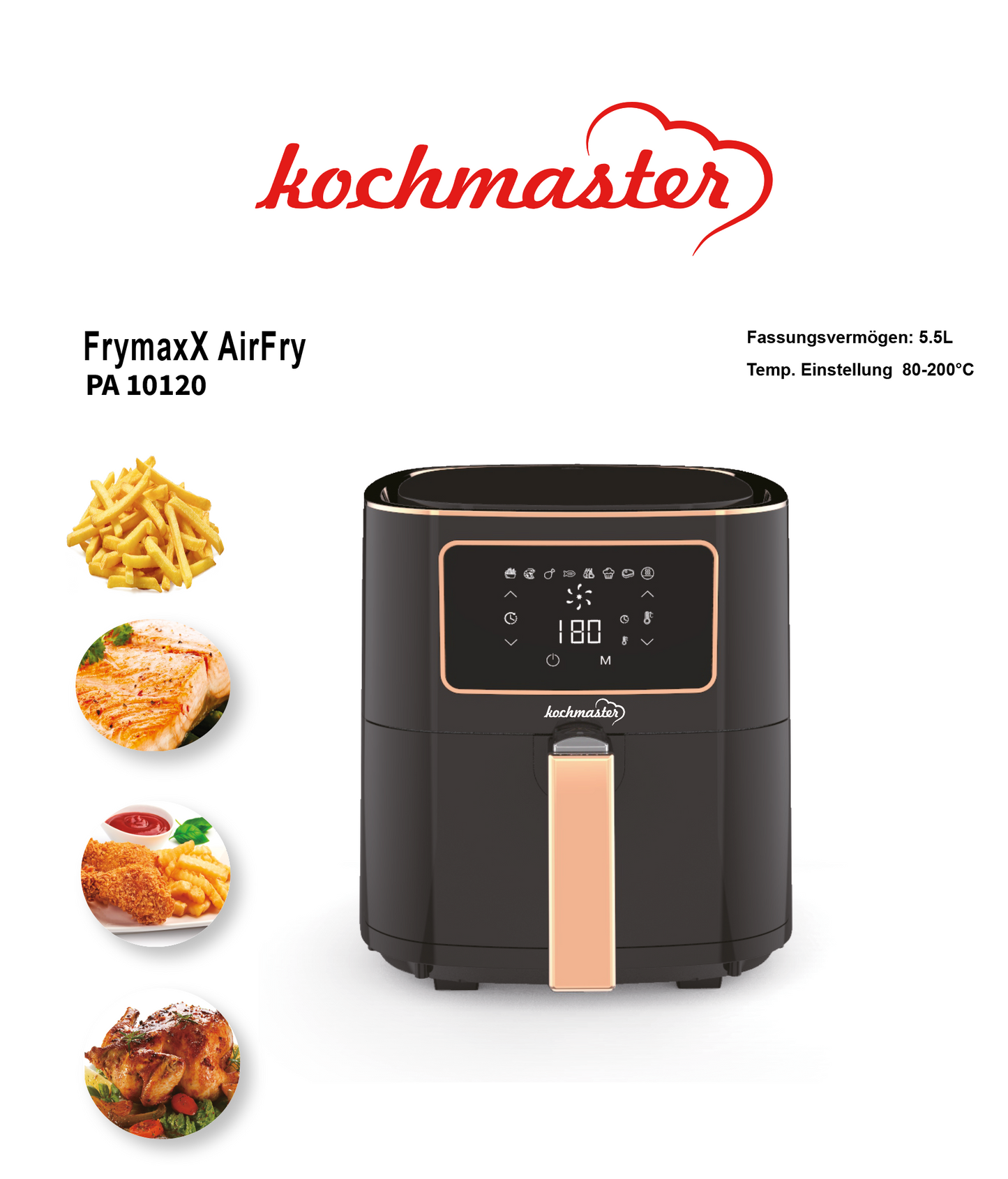 KOCHMASTER FrymaxX AirFryer 5,5L Heißluftfritteuse mit Digitalem Touchscreen - Schwarz Rose